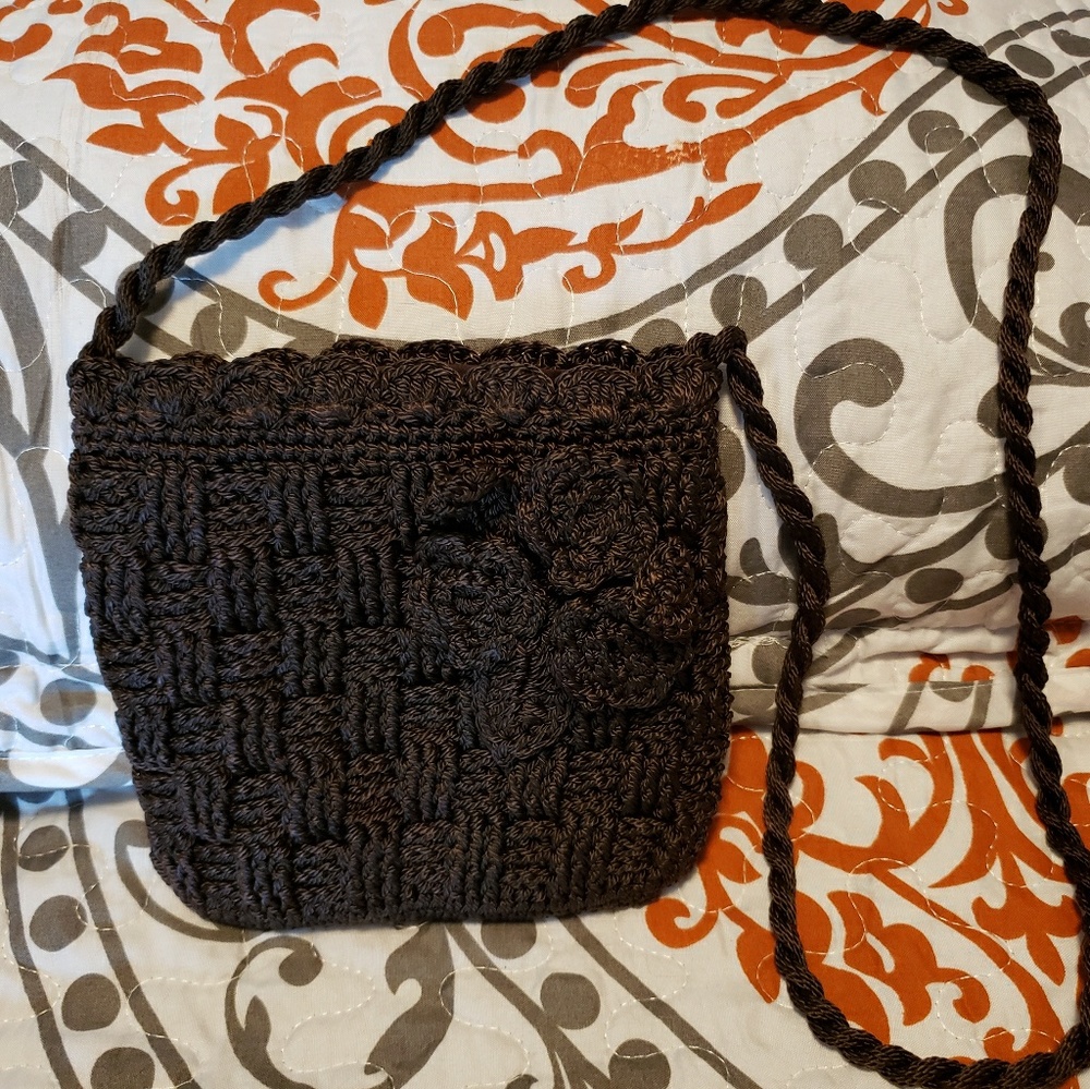 Brown crochet scalloped silk edge evening bag